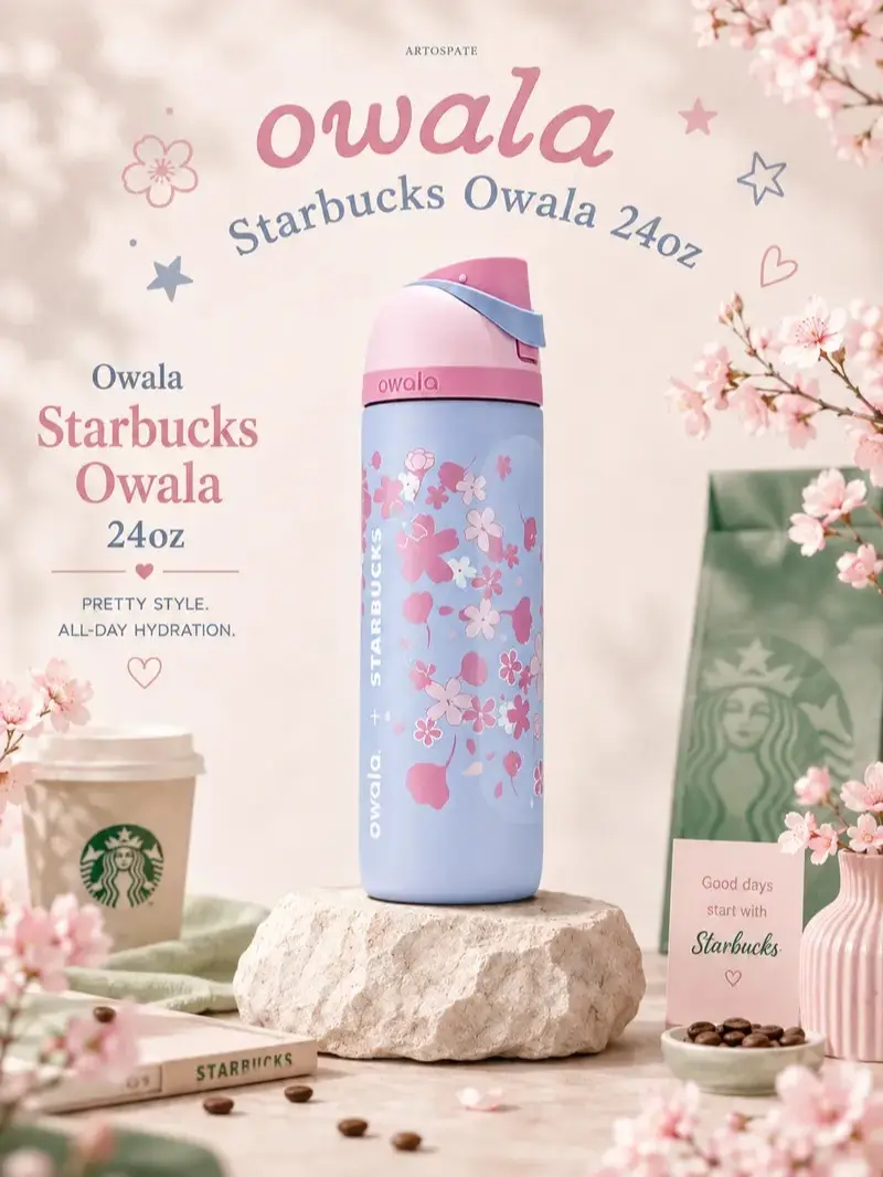 Owala Starbucks Sakura 24oz FreeSip Water Bottle – Cherry Blossom Limited Edition Insulated Stainless Steel Leak Resistant Travel Bottle