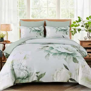 Floral Comforter Set Queen 7 Piece Bed in a Bag, Sage Green Reversible Comforter Set with Sheets, Soft Microfiber Botanical Flowers Summer Bedding Set for All Season