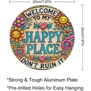 8x8 Inch Vintage Round Metal Tin Sign, "Welcome to My Happy Place", Durable Iron Wall Art for Man Cave, Garage, Bar and Pub yard
