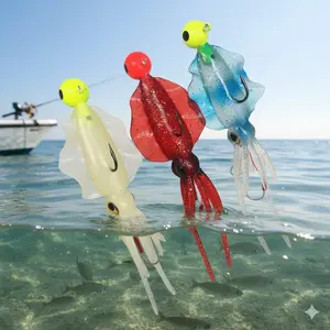 Glow Soft Plastic Lure Set, Squid Jig with Glow Rings, Trolling & Jigging Lures, TPR Tri-Color Gradient, Tangle-Free Deep Sea Fishing Gear, High Sensitivity Bait for Offshore & Rock Fishing.