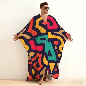 V-Neck Plush Abstract Print Kaftan, Modern Artistic Graphic Fleece Robe, Soft Brushed Cotton Long Sleeve Loungewear, Open Front Hoodless Home Sleepwear for Men