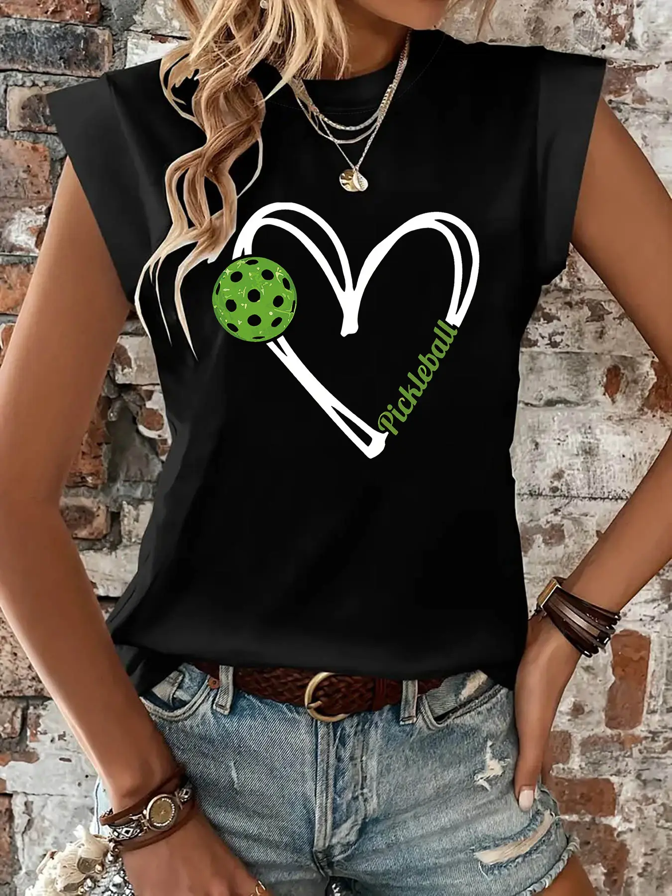Pickleball Graphic Print T-shirt, Short Sleeve Cre