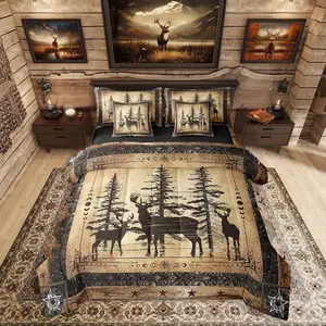 Rustic Deer Comforter Bed Set,7 Piece Farmhouse Cabin Bed Bag,Western Woodland Wildlife Bedding Comforter Bed Set,Kids Boys Adults Men Black Retro Bed Set