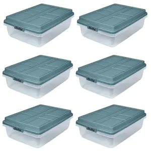 Hefty 40 Qt Hi-Rise Stackable Plastic Storage Bin with Lid, 6 Pack, Smoke Blue