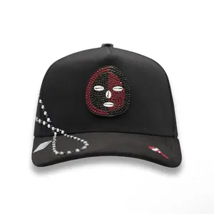 Elegua Black SnapBack Hat with Unique Red and Black Design and Chain Detailing