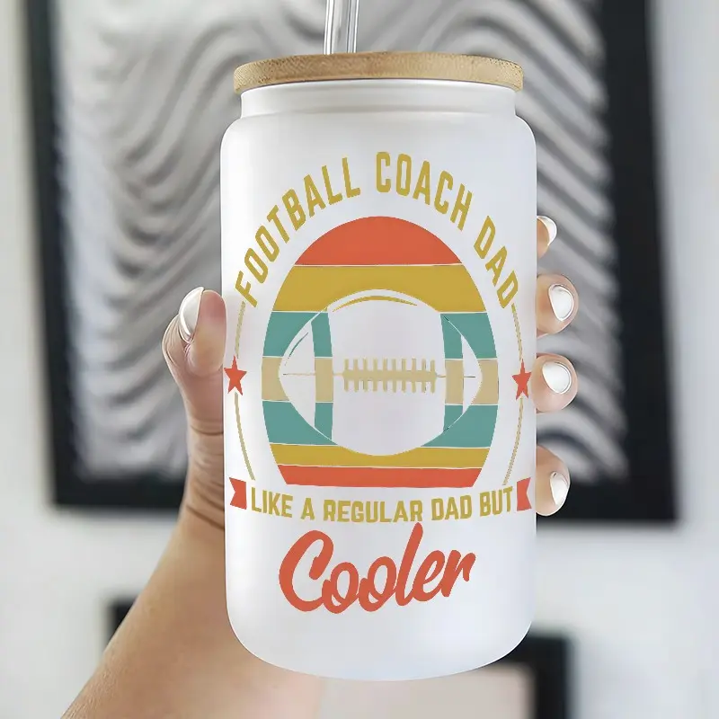 Football Coach Dad Like a Regular Dad But Cooler Vintage 16oz Glass Can Cup with Lid and Straw, Reusable Drinking Cup for Iced Coffee/Hot Chocolate, Stylish Fashionable Glassware, Perfect Gift for Football Coaches & Dad
