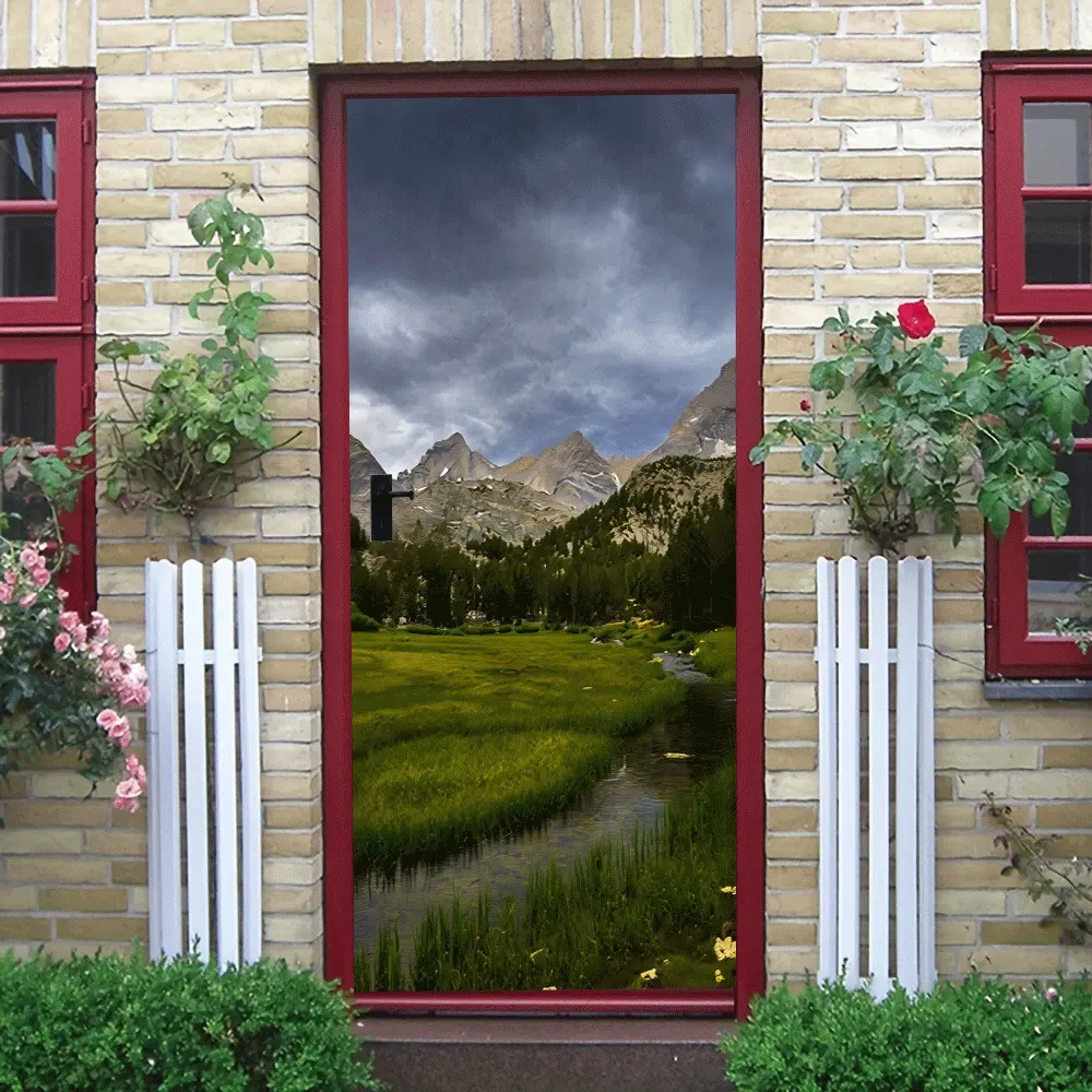 2pcs Alpine Meadow Stream Scenery Wall Sticker Nature Landscape Home Decor Decal for Living Room BedroomWall Self-Adhesive Removable Eco-Friendly Material Waterproof Wear-Resistant