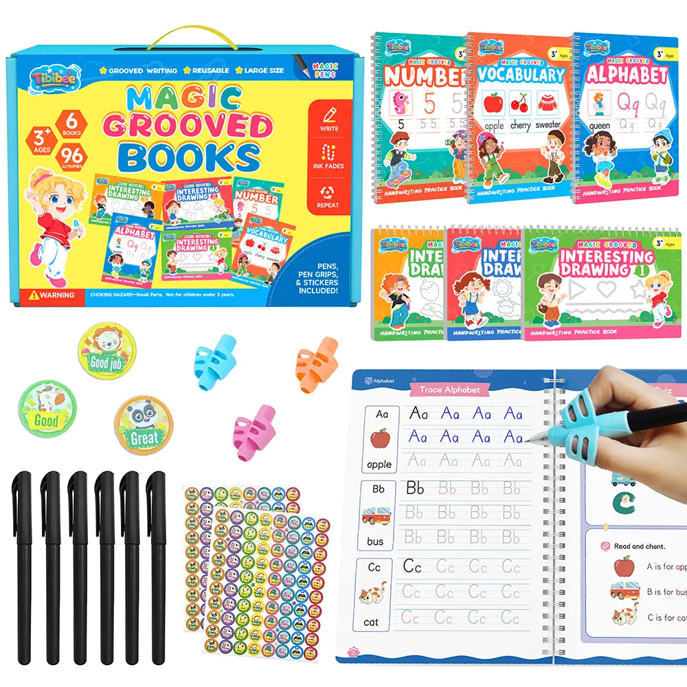 Tibibee 6 Magic Groove Writing Practice  Set For Kids Ages 3–8, Reusable  Busy Handwriting Workbooks  Deep Tracing Grooves – Letters, Numbers, Math & Drawing – Disappearing Ink Pens & Grips – Great Gifts for Kids,Phonics Alphabet Chart,summervibes outdoor