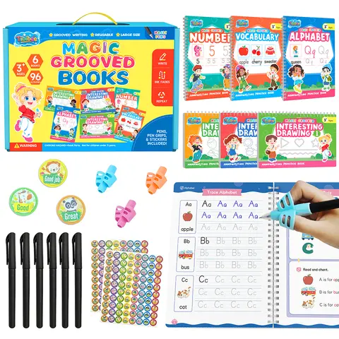 [Back To School Haul] Tibibee 6-Piece Magic Grooved Writing Book Set (Ages 3-8) - Disappearing Ink Pens, Grips, Phonics Chart, Waterproof, Solar System Element - Preschool Learning, Toddler Development, Classroom & Learning Centers Gift