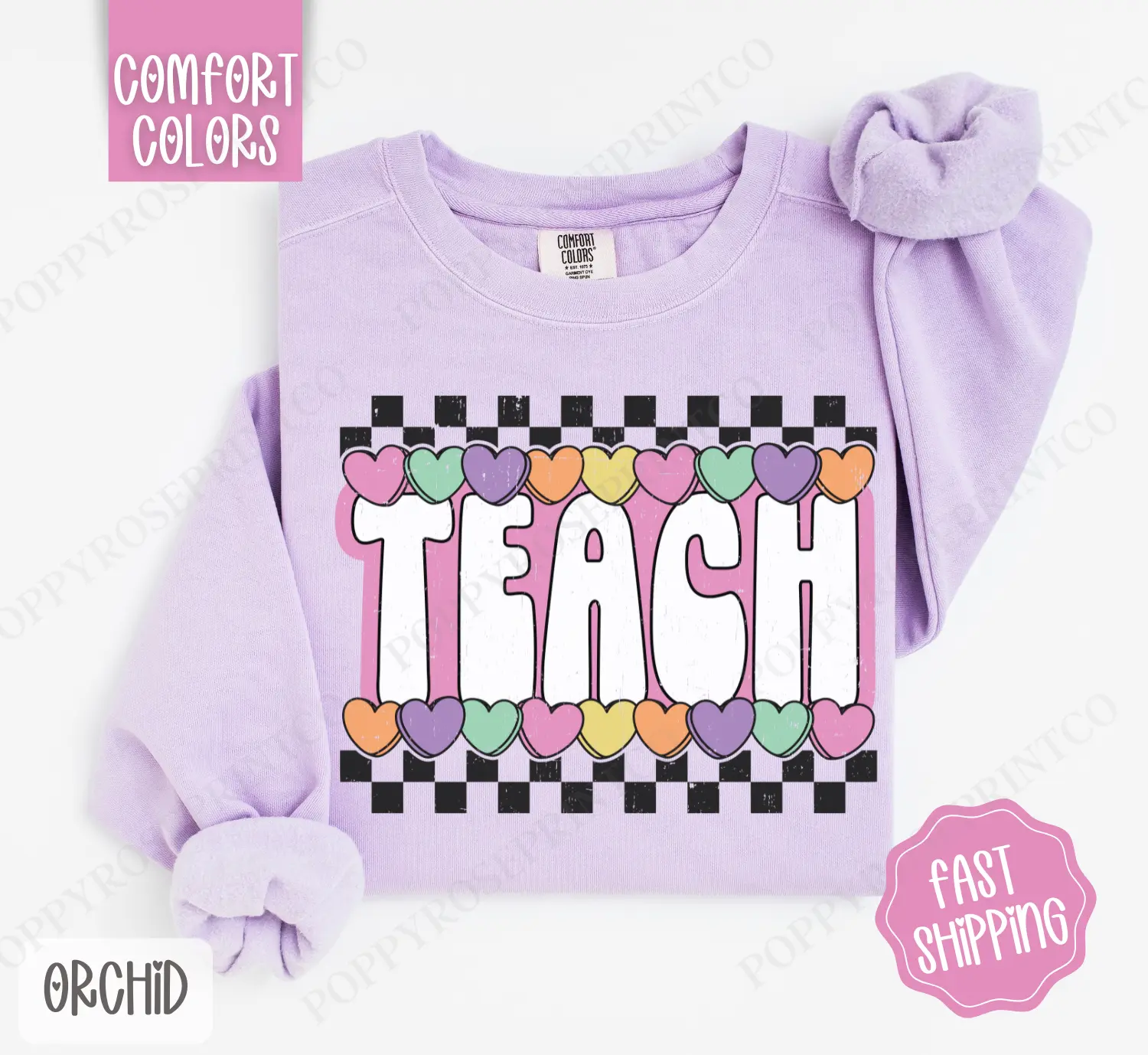 Teach Candy Hearts Comfort Colors Sweatshirt, Teacher Crewneck, Valentine Women's Sweater