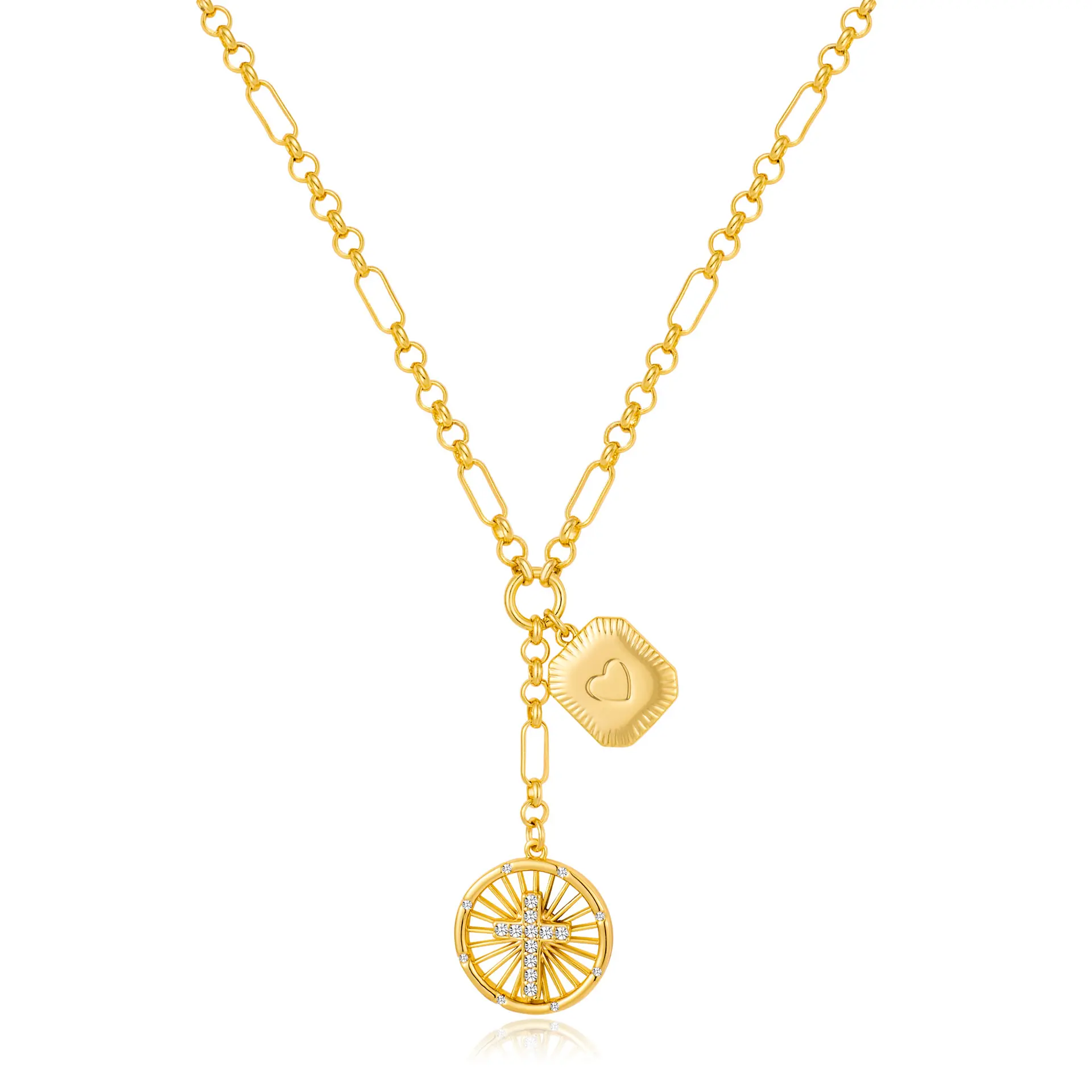 Women's 14K Gold Lariat Cross Heart Necklace - Lucky Wheel Pendant, Dainty Adjustable Paperclip Chain, Jewelry Gift for Faith & Love Occasions