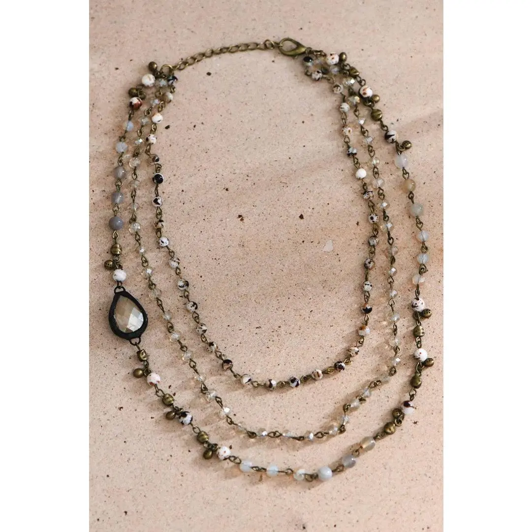 Triple Layered Glass Bead and Multicolor Mix Stone Necklace - Layered Chain, Multi-Strand Statement Wear Costume Jewelry - 7260