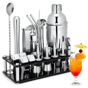 Cocktail Shaker Set, 23-Piece Stainless Steel Bartender Kit with Acrylic Stand & Cocktail Recipes Booklet, Professional Bar Tools for Drink Mixing, Home, Bar, Party (Include 4 Whiskey Stones)