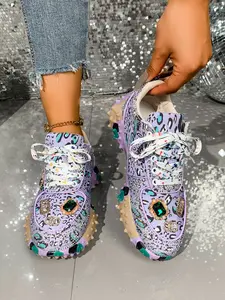 Women's Breathable Comfortable Chunky Heel Rhinestone Sneakers, Textile Upper Rubber Sole, All-Season Low Top Casual Shoes