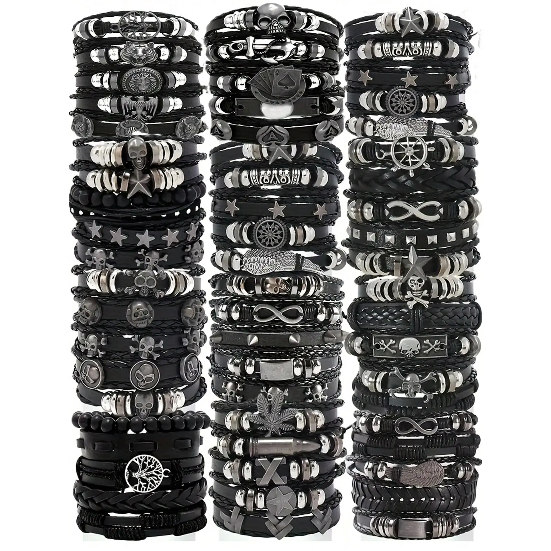 Punk PU Synthetic Leather Bracelets, 10/20/30 Pcs Mixed Pack for Men, Gothic Style Jewelry with Assorted Skull, Cross & Star Designs, Rock Men's Accessories for Holiday Wear, Punk Accessories, Pu Leather