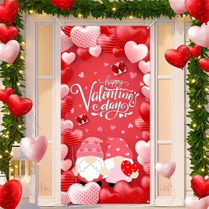 Valentine's Day Party Background Cloth Door Banner, Heart-Shaped Gnome Print Decoration, Polyester Material, Holiday Decorations, Warm Atmosphere