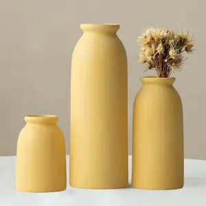 Ceramic Vase Set-3, Small Flower Vases for Decor, Modern Boho Farmhouse Style, Decorative Vases for Pampas Grass & Dried Flowers, Distressed Finish Yellow, Matte Texture, Thick Walls, Versatile for Indoor & Outdoor Settings