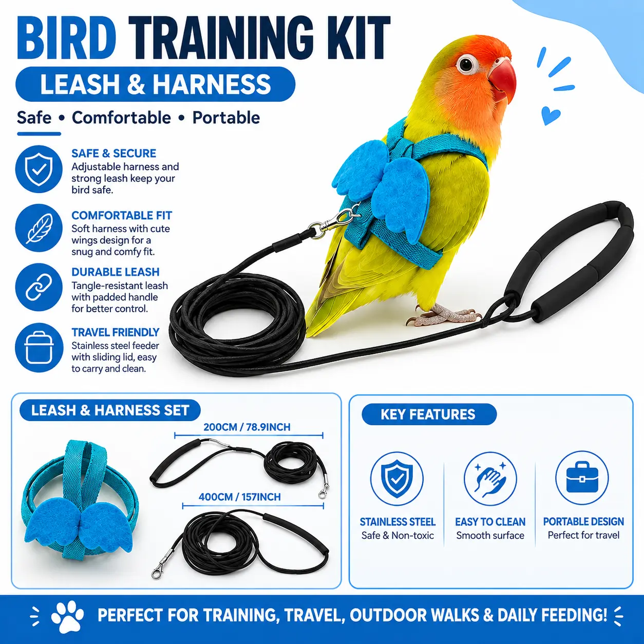 Parrot Anti-Bite Flying Training Rope Set - Detachable Ultra-Light Polyester Harness, Soft Antibite Rope, Biteguard Training Supplies for Tug-Free Control, Portable Bird Pet Leash