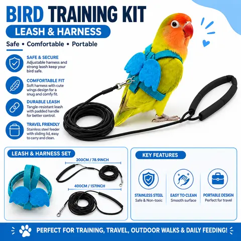 Parrot Anti-Bite Flying Training Rope Set - Detachable Ultra-Light Polyester Harness, Soft Rope, Biteguard Supplies for Tug-Free Control, Portable Outdoor Bird Pet Leash
