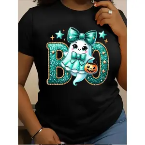 [100% Cotton] Plus Size - Women'S Halloween T-Shirt - Glitter BOO Letters & Pumpkin Graphic - Black Tee - Plus Size Friendly - Halloween Party Outfit, Everyday Fall Celebration Shirt - Year-Round Casual Top, Halloween C Golf Gift T-Shirt For Men And Women