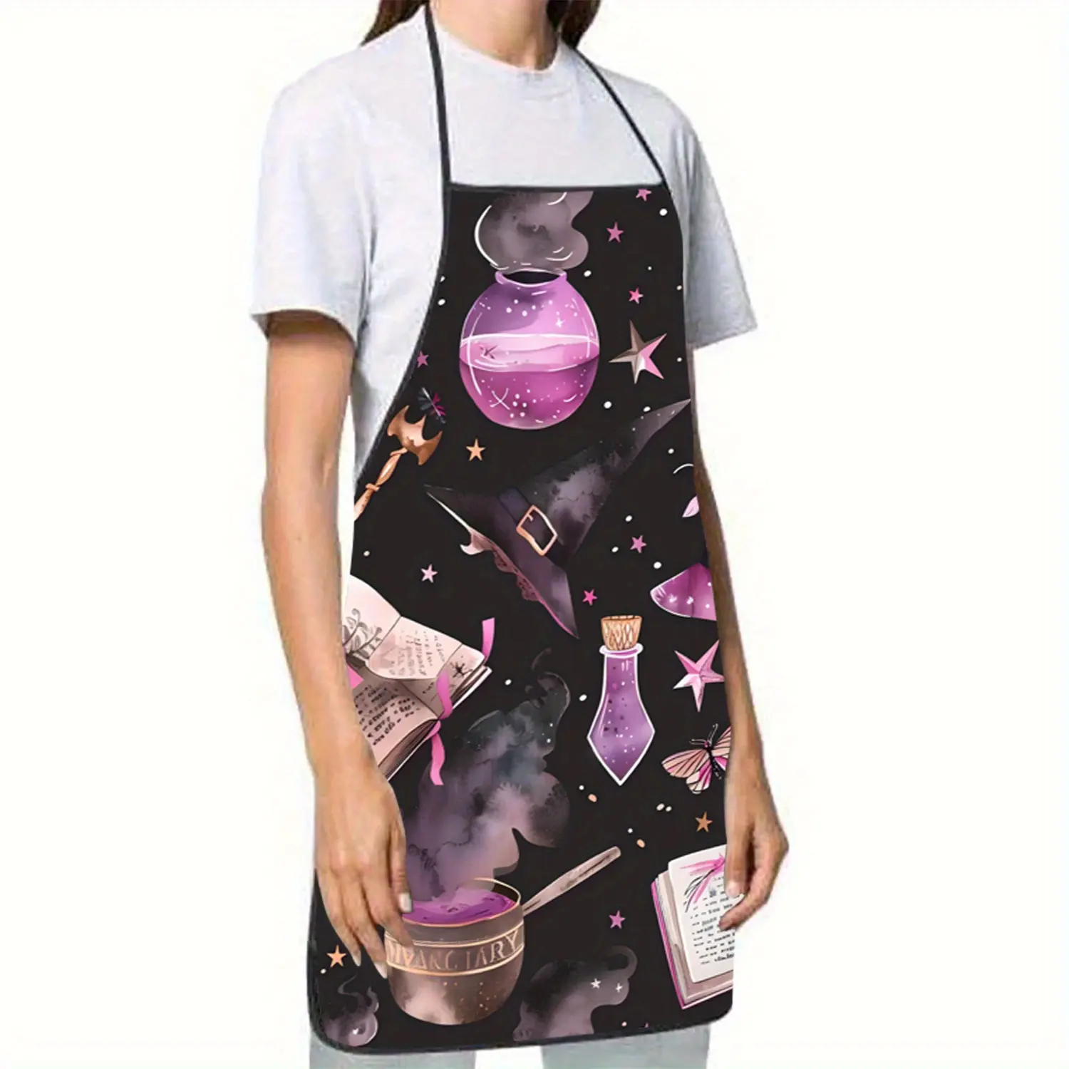 1pc Purple Magic Book Hat Printed Sleeveless Polyester Apron Home Kitchen Baking Work Apron