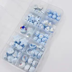 62pcs Blue Ceramic Beads Shell Loose Beads DIY Handmade Jewelry Accessories Bracelet Round Pearl Materials