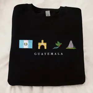 Guatemala Embroidered Sweatshirt – Black Crewneck with Quetzal, Tikal, Antigua Arch & Mayan Symbols, Cozy Chapín Heritage Gift