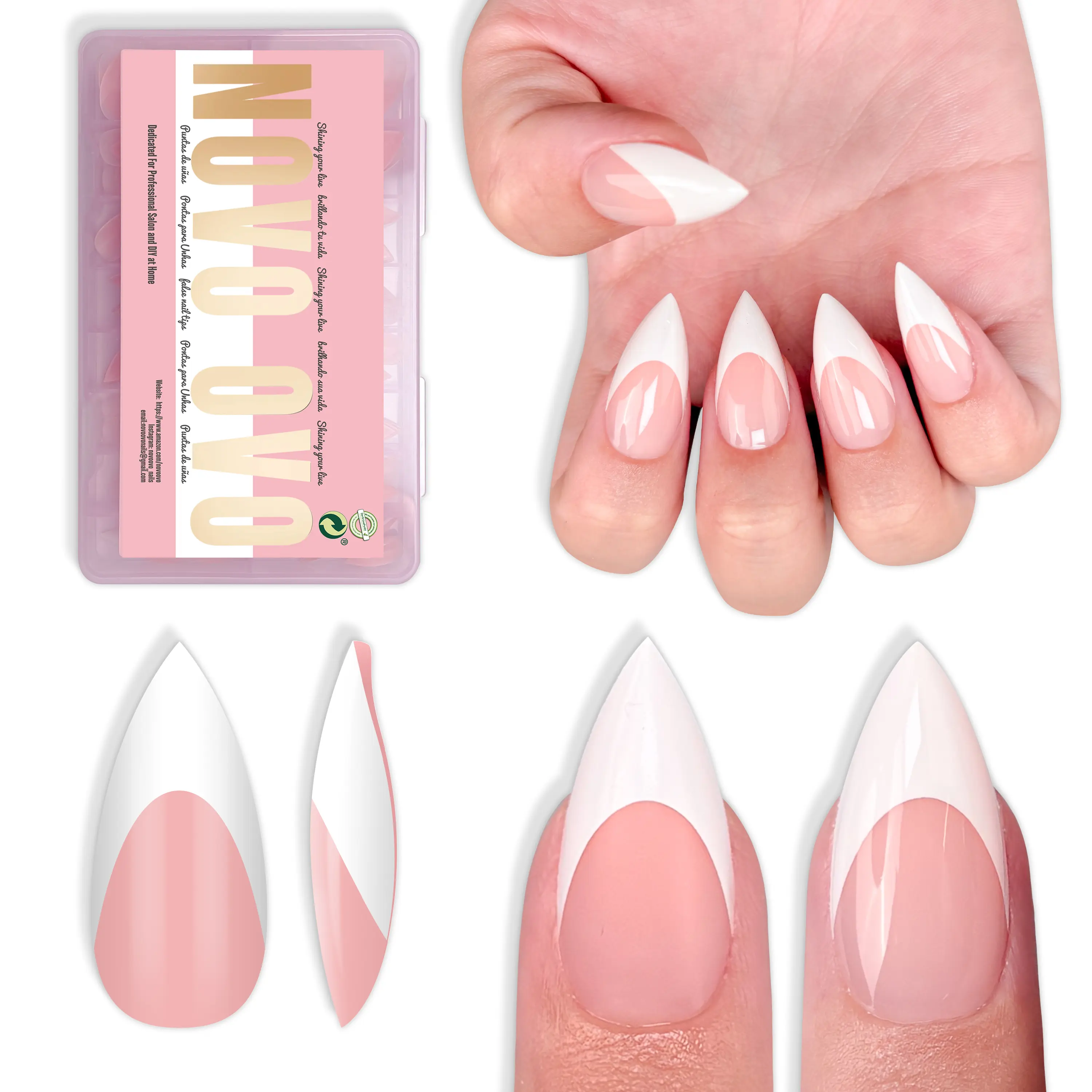 NOVO OVO Short Sharp Stiletto White French Tip Nail Tips Press on Baby Pink-16 Sizes PMMA Extra Thick Soft Gel False Nails, 1.5x Stronger Full Cover Acrylic Fake Nails Extension for Salon DIY 160Pcs