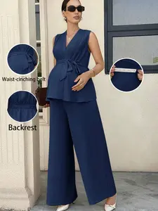 MaterniRIO Elegant V-Neck Maternity Suit - Sophisticated Sleeveless Top & Straight Leg Pants Co-ord for Work