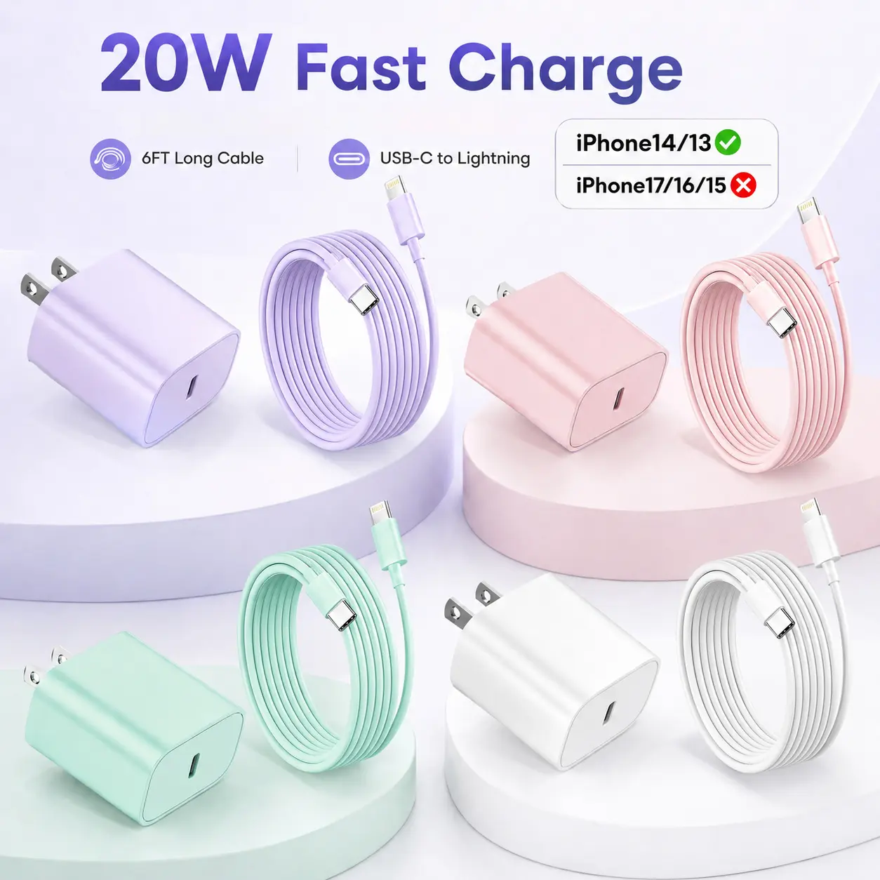 20W Fast Charger for iPhone 14/13/12/11, USB-C Wall Charger with 6FT Lightning Cable, cord White/Pink/Purple/Green