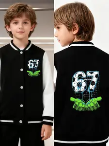 Handprint World Cup Football 67-Digit Print, Boys' And Girls' Spring-Autumn New Style Cool Baseball Jacket Cardigan, Fashionable, Casual, Comfortable, Suitable For Daily And Outdoor Use, Great Choice For Gift Giving.