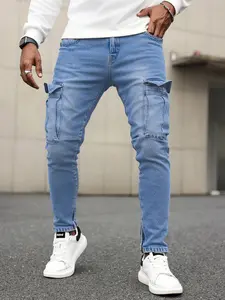 Men's Stretch Casual Comfy Skinny Denim Jeans, Ripped Design, Vintage Raw Hem Style, Straight Leg Fashion, Comfortable Elastic Waist, Casual Wear, Pocket, Pants, Menswear, Streetwear