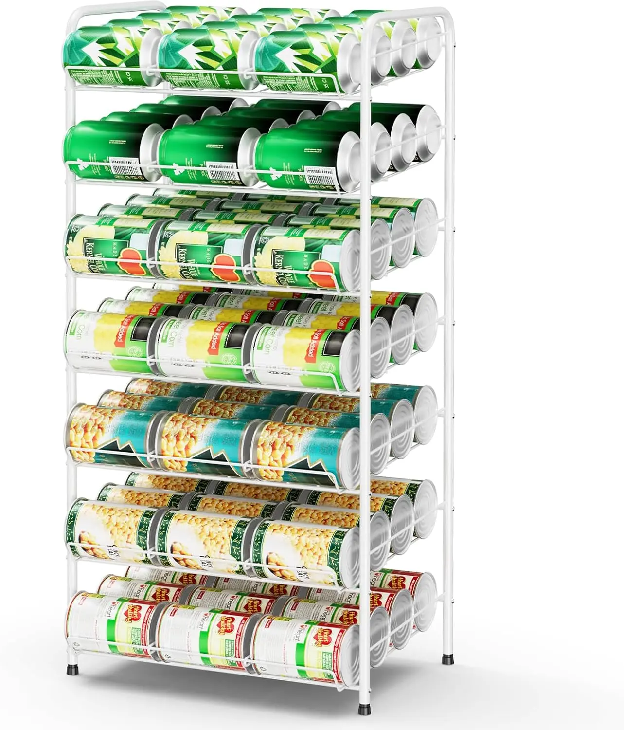 7-Tier Compact Metal Frame Canned Food Organizer Shelf, 84-Can Capacity Storage Dispenser with Fast Grab Access & Less Shelf Clutter, Suitable for Kitchen Cabinets or Pantry Spaces, White, Seven Layers