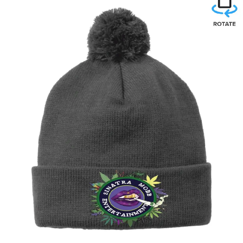 Sinatra MoBB Beanies - Charcoal Gray Pom Pom Beanie with Entertainment Logo Design for Everyday Wear