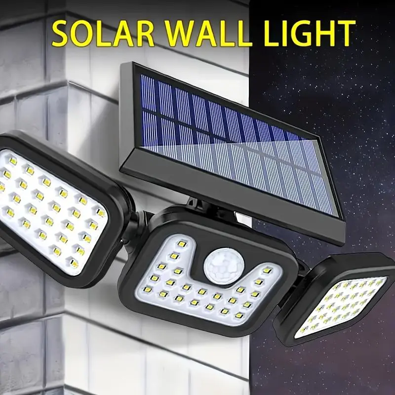 Solar-powered LED Motion-sensing Light With A Triple-head Design, IP44 Providing All-night Illumination. It Automatically Turns On/off At Dawn/dusk, Making It Perfect For Garages, Courtyards, Pathways