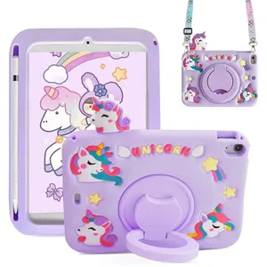 360° Rotating Kickstand Shoulder Strap Pencil Holder Girls Cute Tablet Case for iPad 6th 5th Gen 2018 2017 iPad Air 1st  iPad Air 2nd 9.7 inch Portable Screen Protective Cover