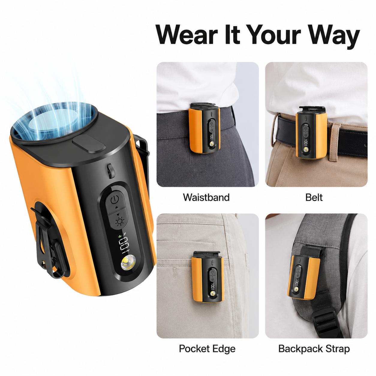 Upgraded Portable Waist Fan with Belt Clip –  100-Speed Adjustable ,Handheld/Neck/Hangable/Desk Fan, Stand for Outdoor, Construction, Farming, Fishing Summervibes
