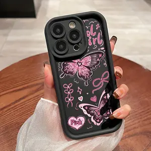 Sweet Cool Black Pink Butterfly Case for iPhone 17 Pro Max 16 16e 15 14 Plus 13 12 Mini 11 Air X XS Pattern Soft TPU Rubber Camera Protection Rugged Mobile Phone Cover Gift 2D printing