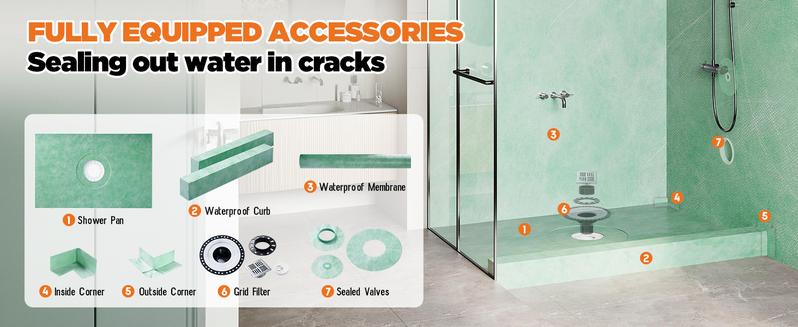 AMERLIFE Shower Curb Kit with Complete Shower Kit- Tray, Curb, Membrane, Seals, Bonding Flange, Corners, Trowel & Level, Tray