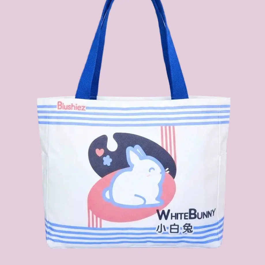Premium White Bunny Candy Tote Bag – 15″ Canvas Zip-Top Bag with Inner & Side Pockets