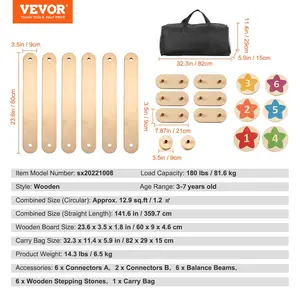 VEVOR Balance Beam Stepping Stones, 6 PCS Wooden Toddler Balance Boards, Montessori Toy for Kids 2-6, Build Coordination and Gross Motor Skills, Gymnastics Course Indoor Outdoor for Girls Boys Gift
