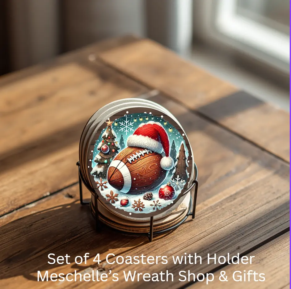 Christmas Football House Coasters Set of 4 Ceramic Coasters with Metal Holder
