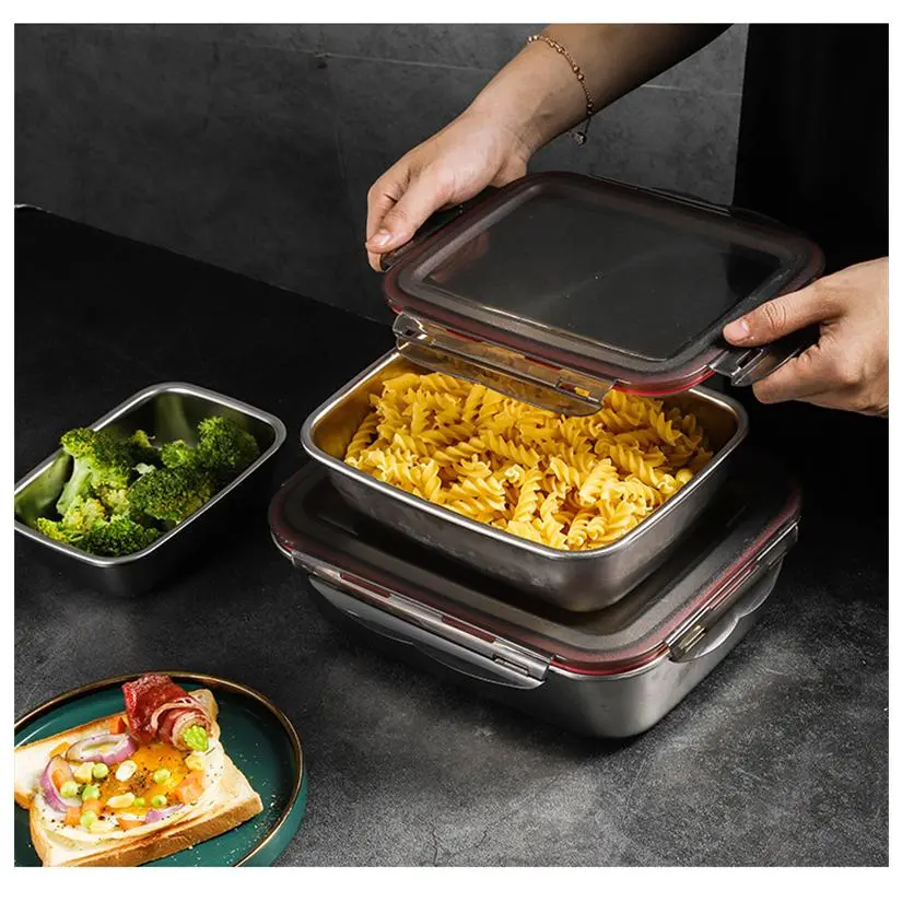 1PC 304 Stainless Steel Lunch Box Leak Proof Refrigerator Food Preservation Box Korean Square Sealed Box With Lid Side Dish
