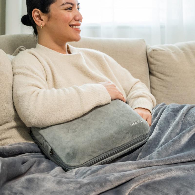 Travellow Travel Pillow and Blanket Set - 4-in-1 Ultimate Travel Kit with Memory Foam Pillow, Travel Blanket, Sleep Mask, and Earplugs-Ultimate Comfort and Coziness for Your Journeys - Grey