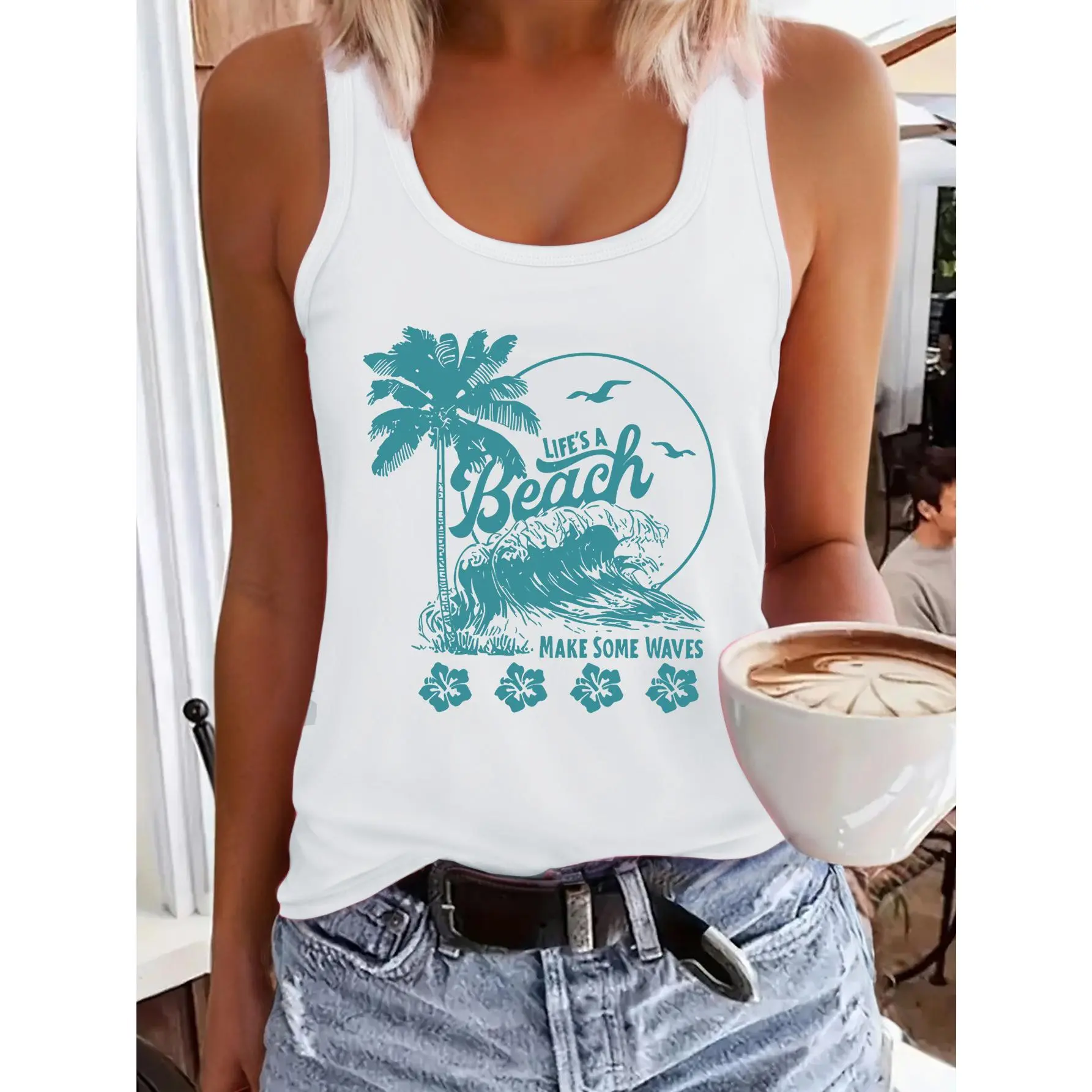 Women's Cute Print Sleeveless Tank Top - Polyester-Spandex Fabric, Casual Black Vest Clothes, Fits Versatile Basics, for Spring & Summer Holiday Commuting, Cold Wash Cool Iron Womenswear Top