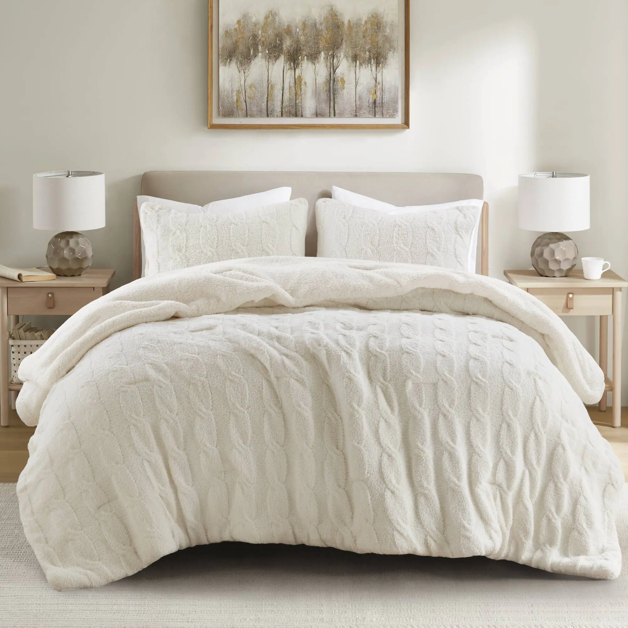 Full/Queen Cable Knit Chenille Comforter Set with Shams, Ivory – 3 Pieces