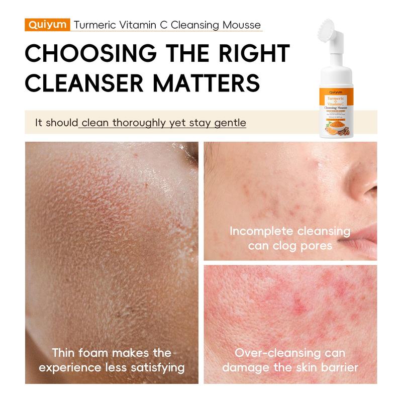 Quiyum Turmeric Vitamin C Cleansing Mousse with Massage Cleansing Brush, 1/2 pcs, Gentle Face Wash for Brightening Skin, Hydrating & Nourishing Formula