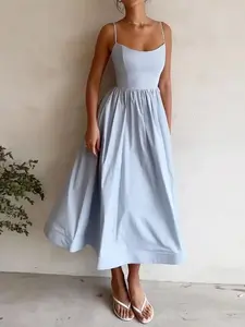 Solid Color U-Neck Strap Dress for Women, European and American Style, Sexy, Waist-Cinching, Pleated, Large Hem, Elegant Casual Beach Dress