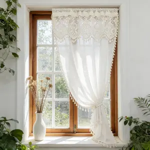 1 PC Boho Linen Sheer Curtains with Crochet Valance for Living Room Macrame Floral Light-filtering Retro Drapes for Dining Room Living Room 2 Layered Finished Curtains Rod Pocket