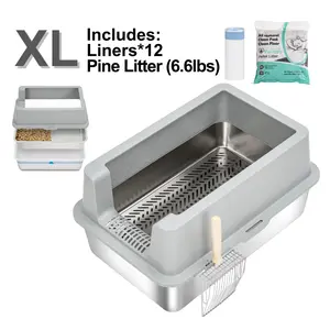 XL Stainless Steel Sifting Litter Box for Pine Pellets, XXL stainless steel litter box, Dual Layer Odor Control Cat Litter System with High Sides, Includes Scoop & Liners, Also for Rabbit & Small Pets